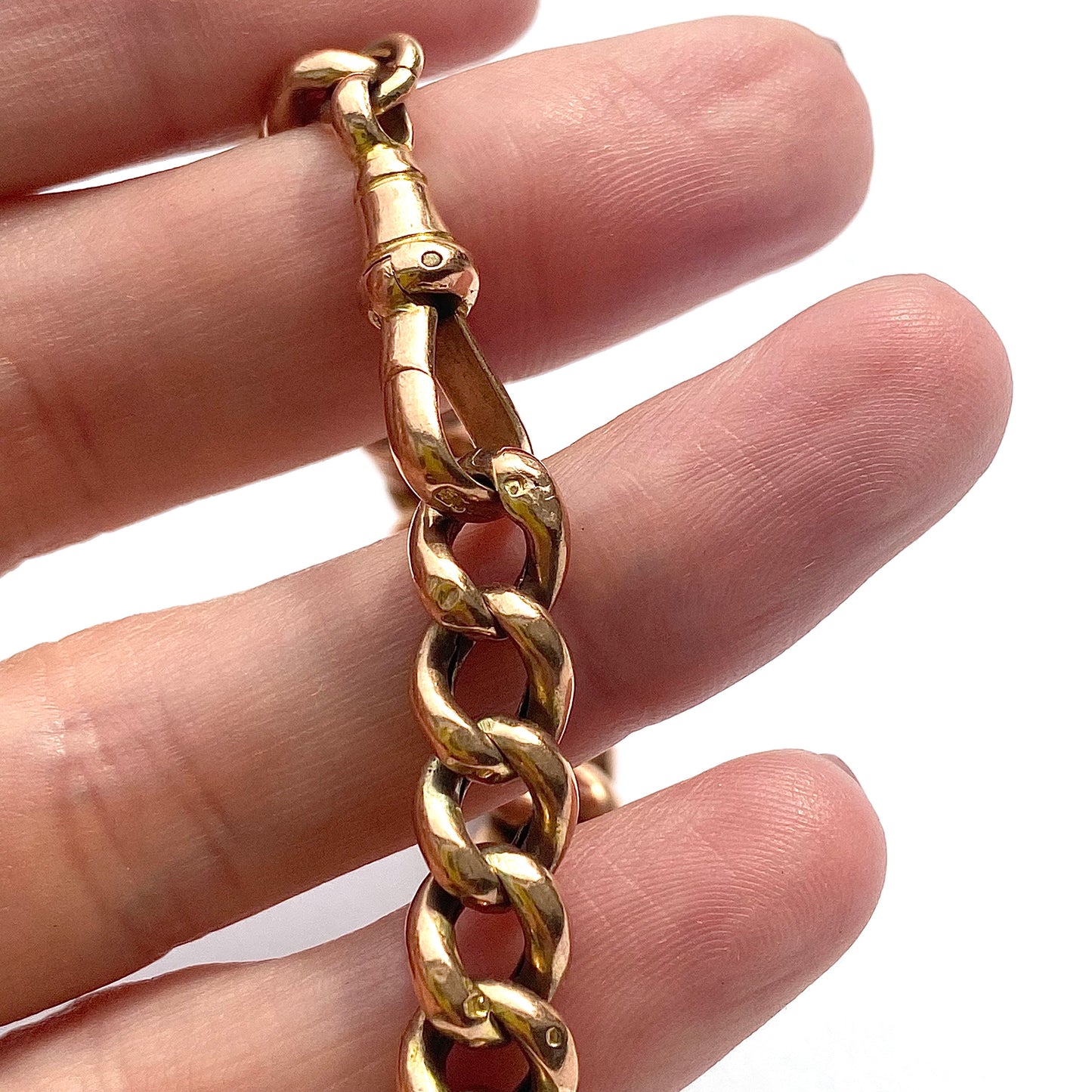 Antique Rosey 9ct Gold Graduated Hollow Link Curb Bracelet with Dog Clip  |  8.5"  |  7-10mm