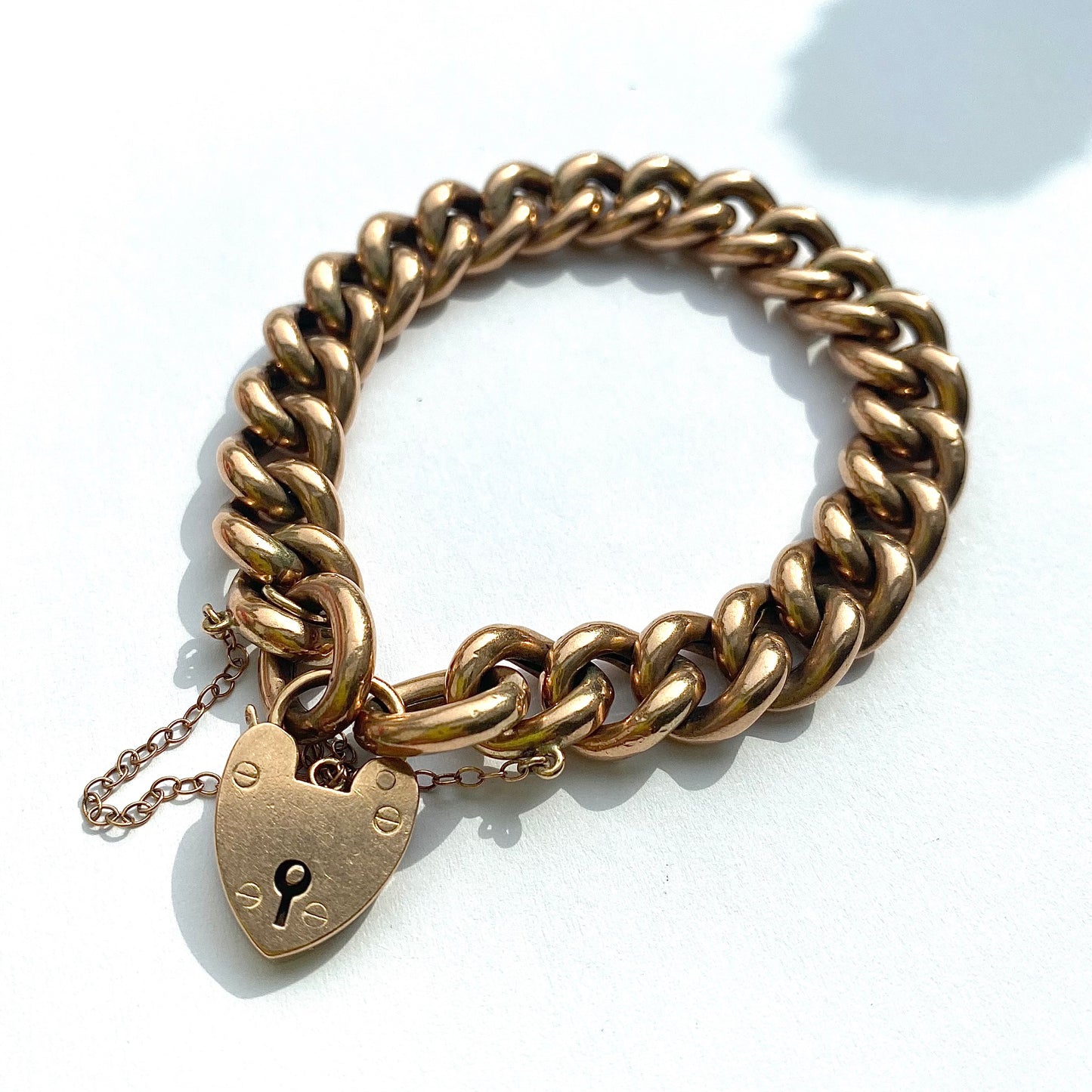 Fantastic Chunky Rosey Antique 9ct Gold Curb Bracelet with Heart Padlock  |  7.5"  |  11mm