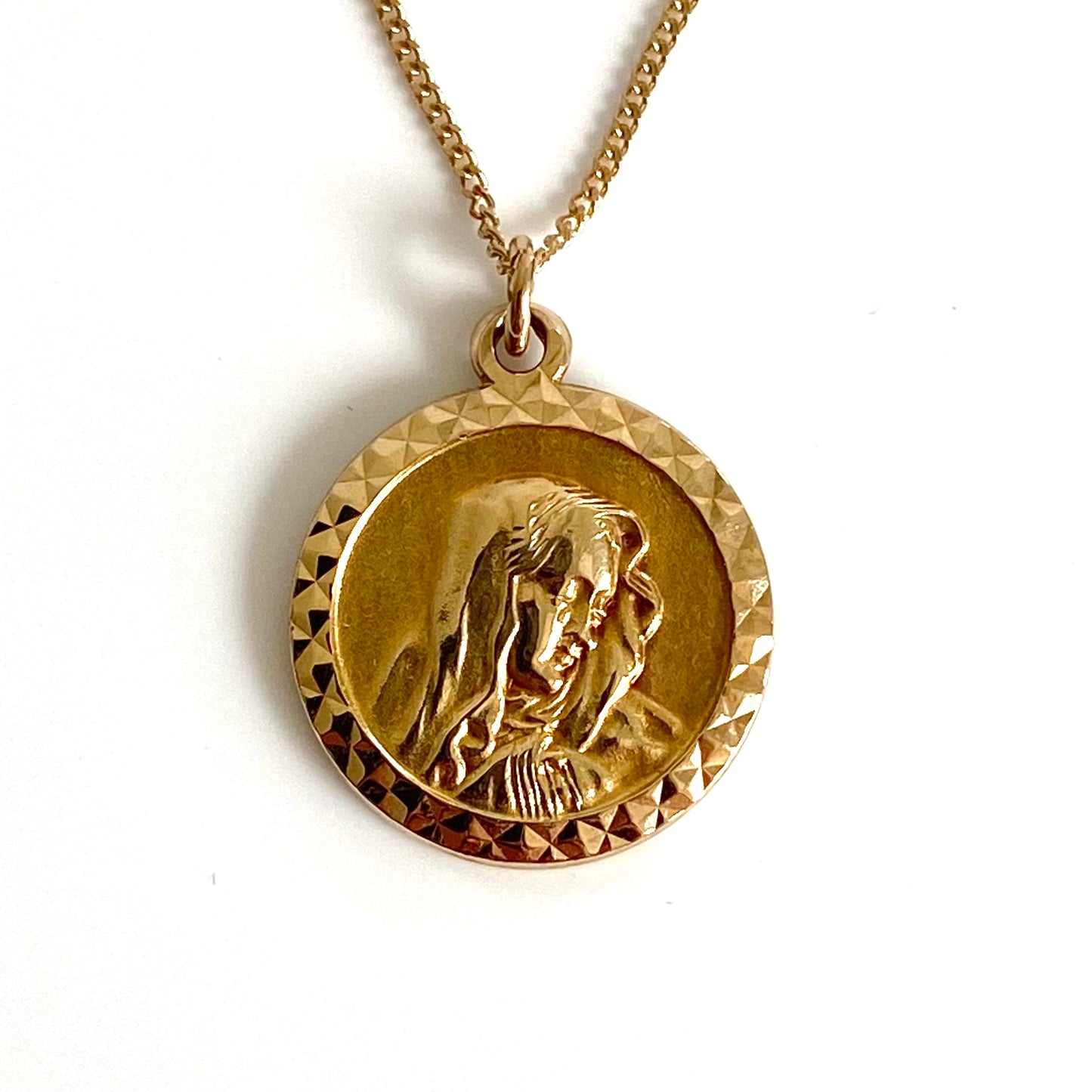 Sweet Vintage 9ct Gold Virgin Mary Pendant & Chain  |  18.5"  |  1mm