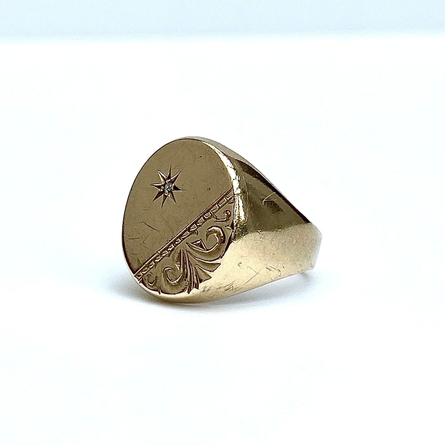 Chunky 9ct Gold and Diamond Signet Ring  |  Size UK L