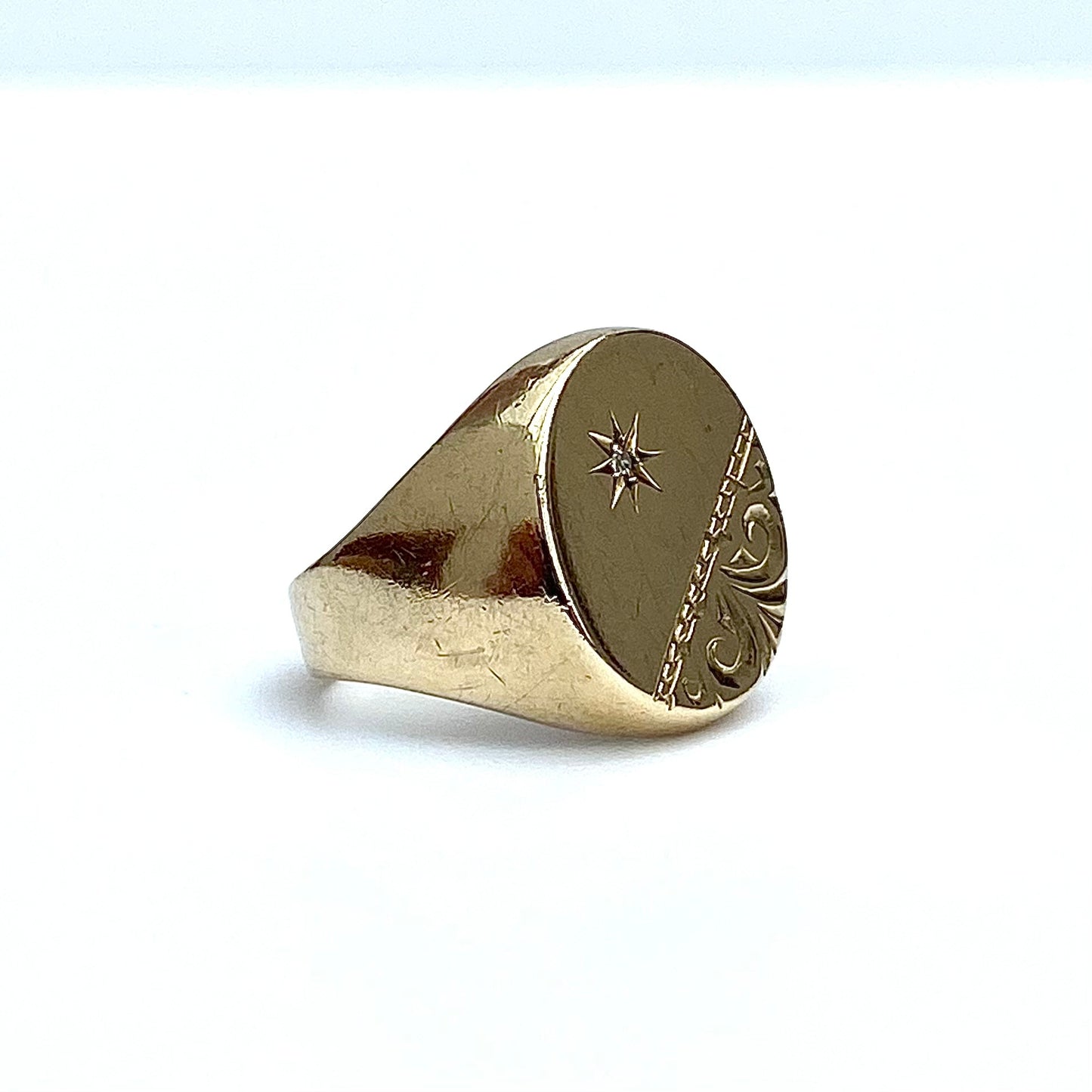 Chunky 9ct Gold and Diamond Signet Ring  |  Size UK L