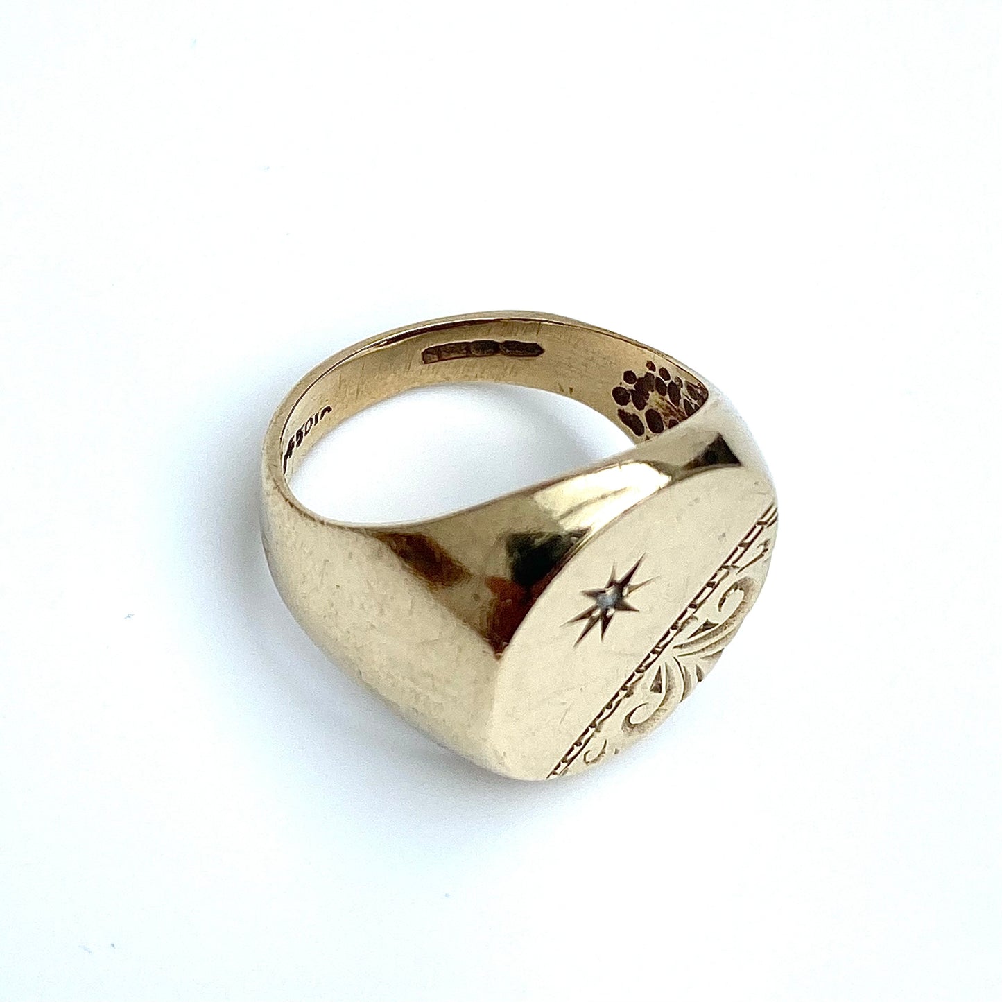 Chunky 9ct Gold and Diamond Signet Ring  |  Size UK L