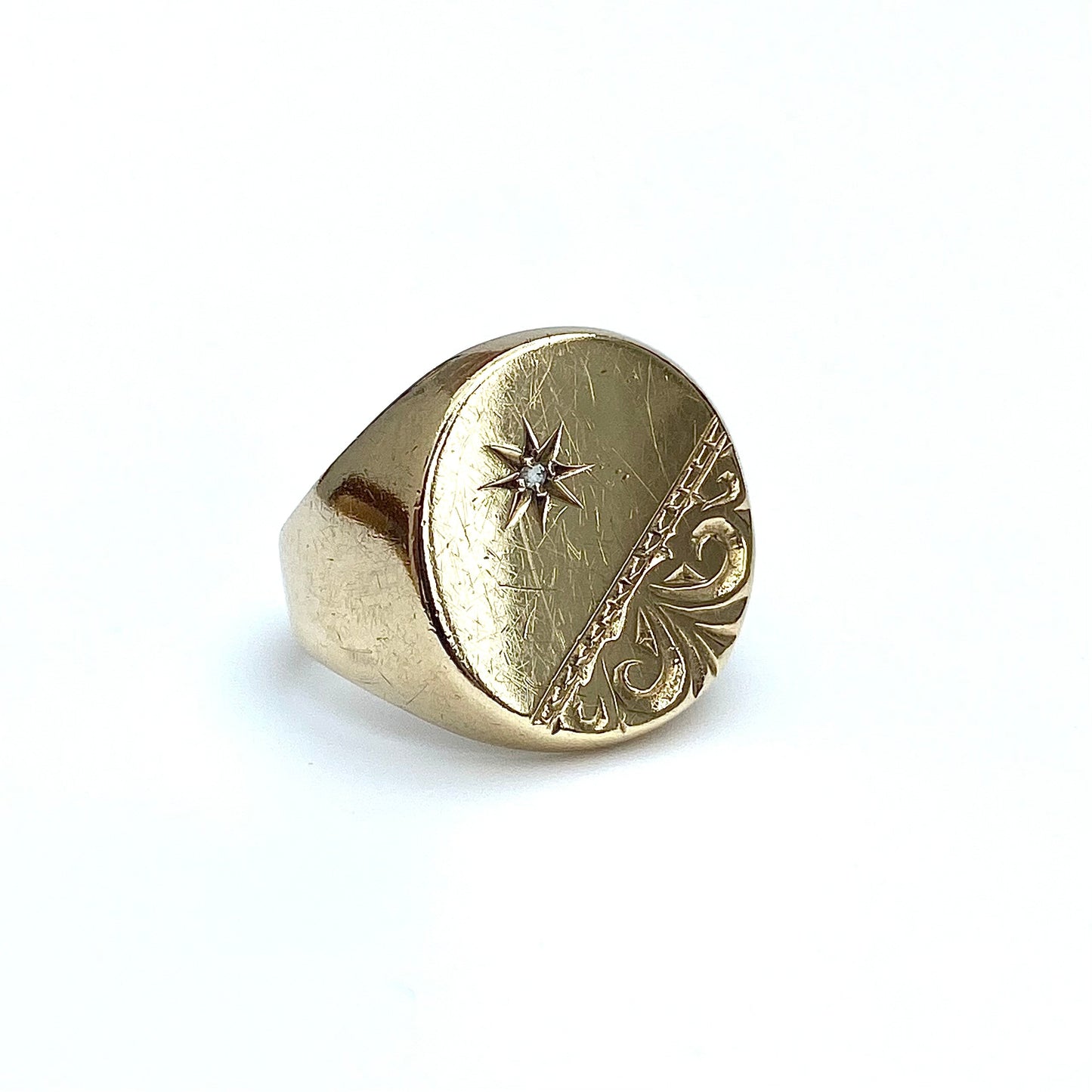 Chunky 9ct Gold and Diamond Signet Ring  |  Size UK L