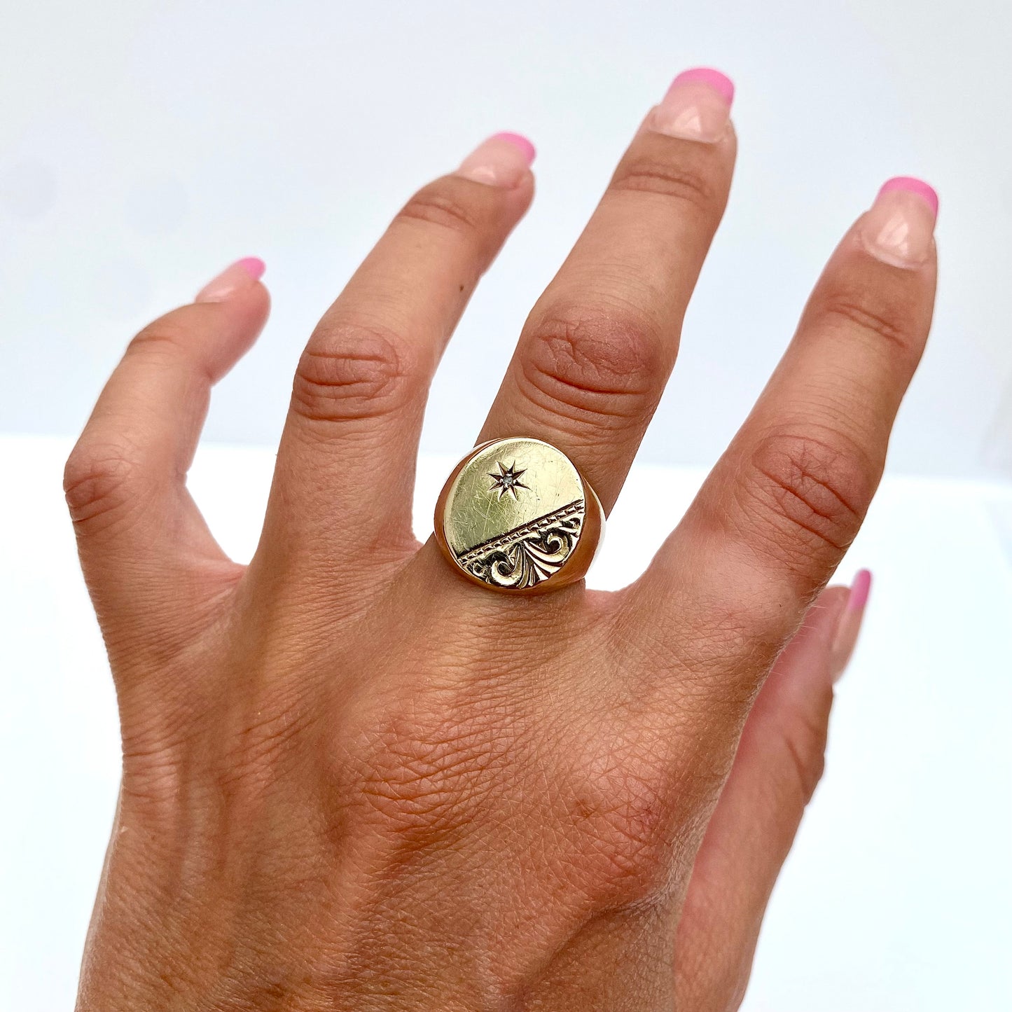 Chunky 9ct Gold and Diamond Signet Ring  |  Size UK L