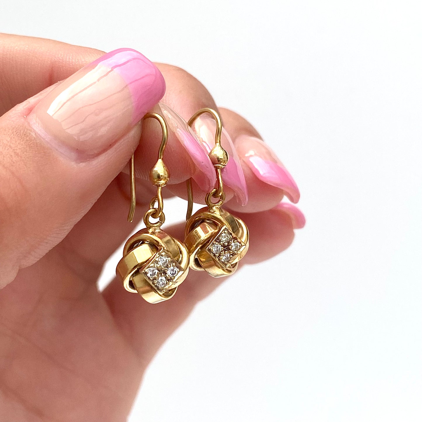 Fantastic Vintage 9ct Gold and Diamond Knot Dangle Earrings