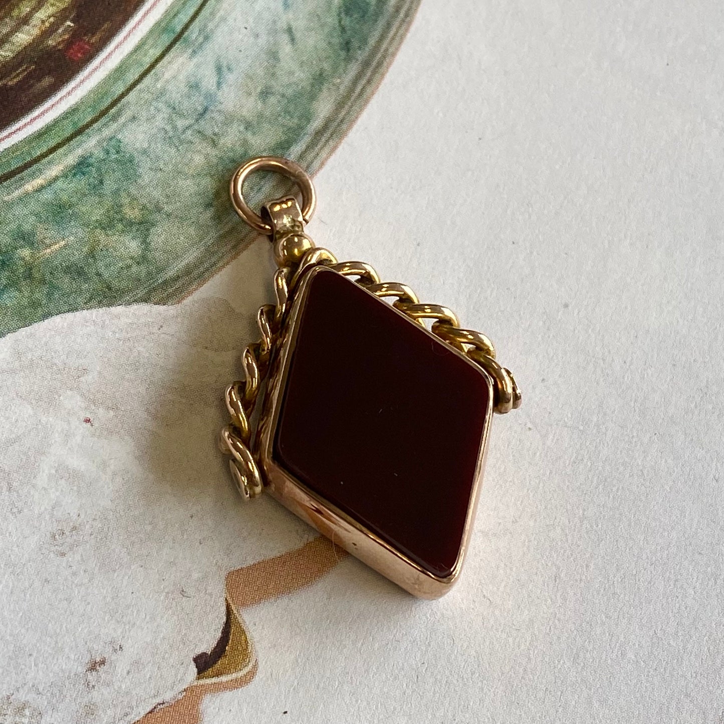 Antique 9ct Gold, Bloodstone & Carnelian Diamond Shaped Watch Fob