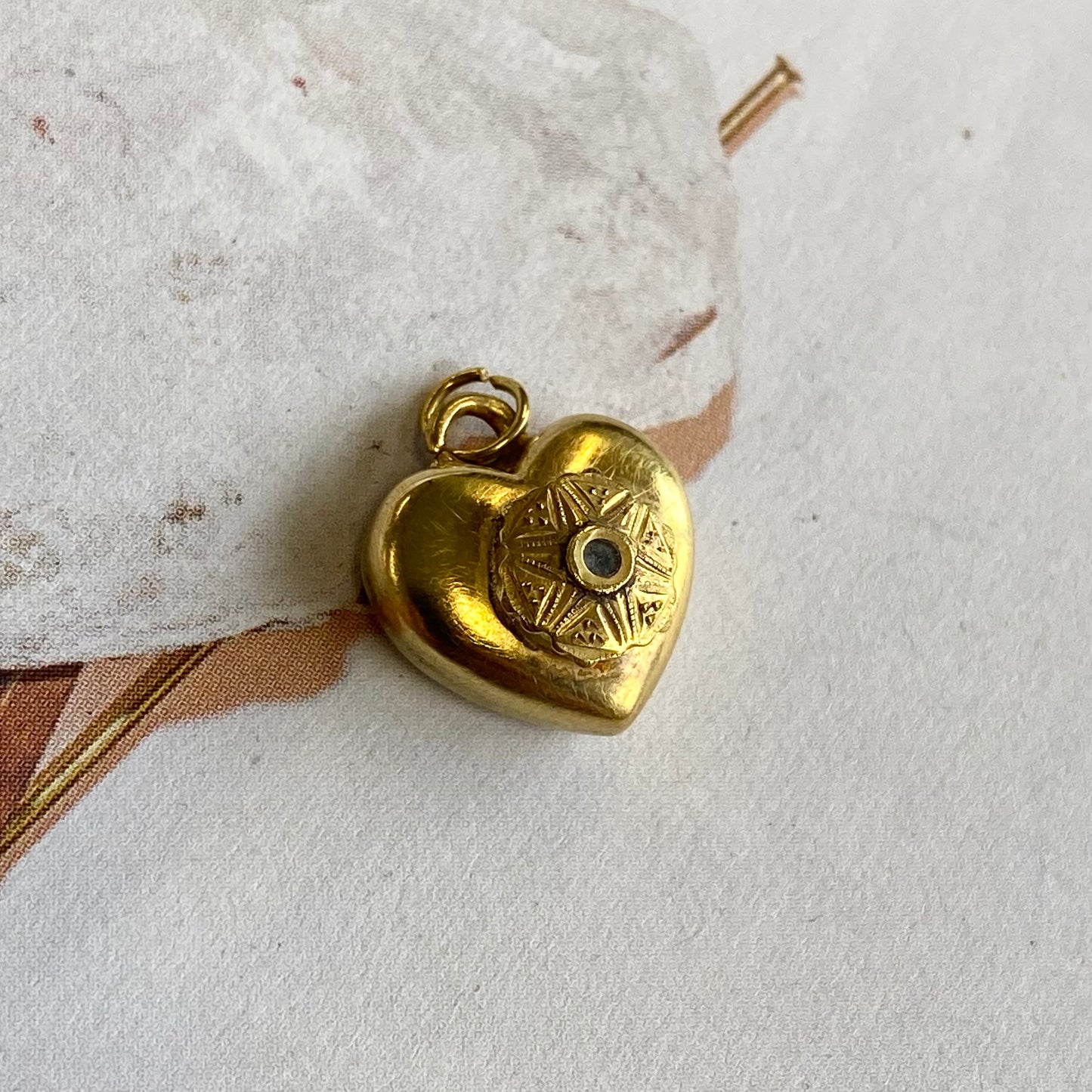 Antique Puffy Heart Charm with Diamond Chip Star Design