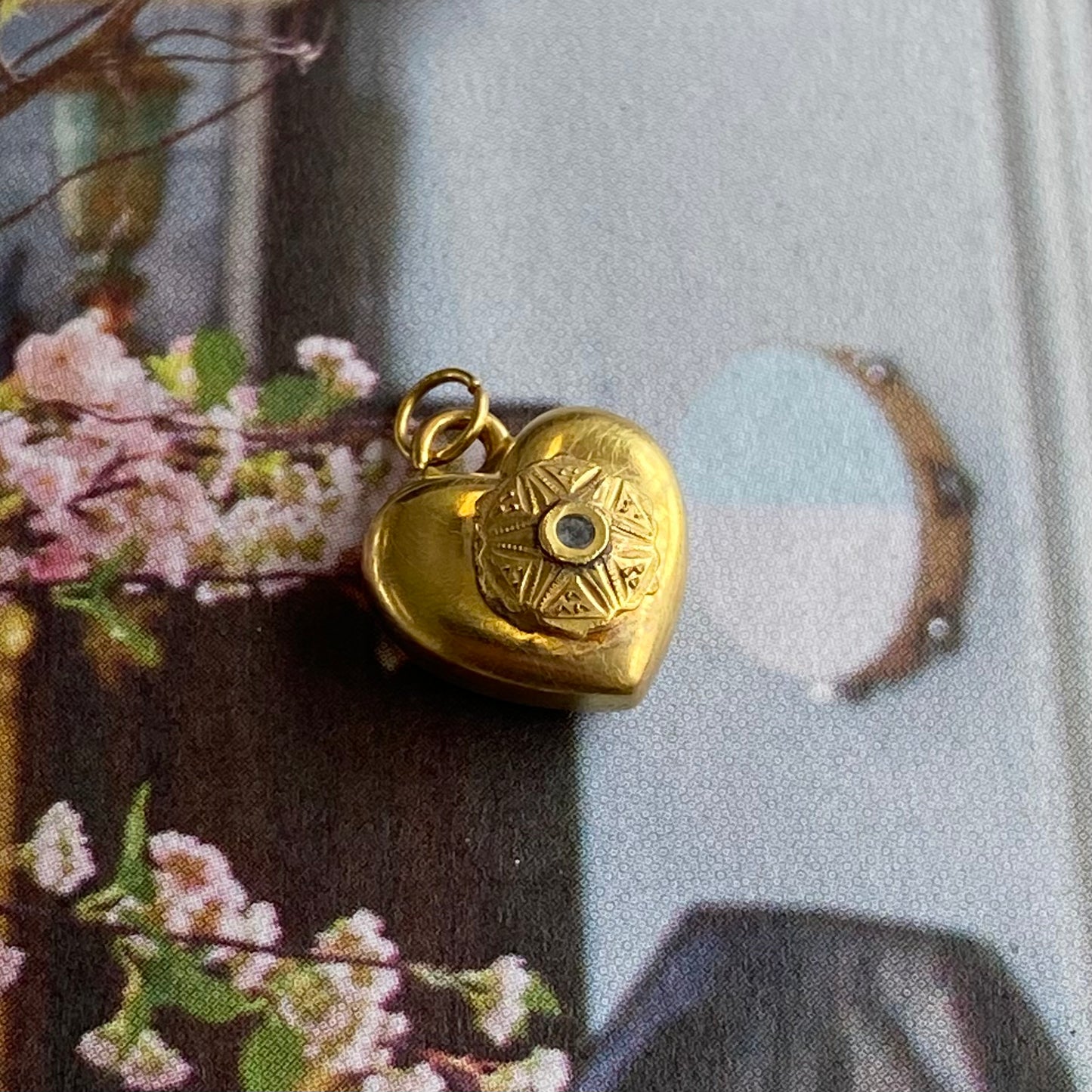 Antique Puffy Heart Charm with Diamond Chip Star Design