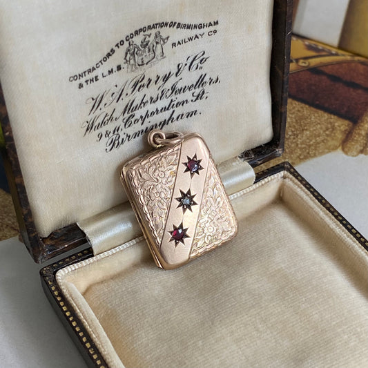 9ct Rose Gold Antique Rectangle Locket with Diamond & Rubies