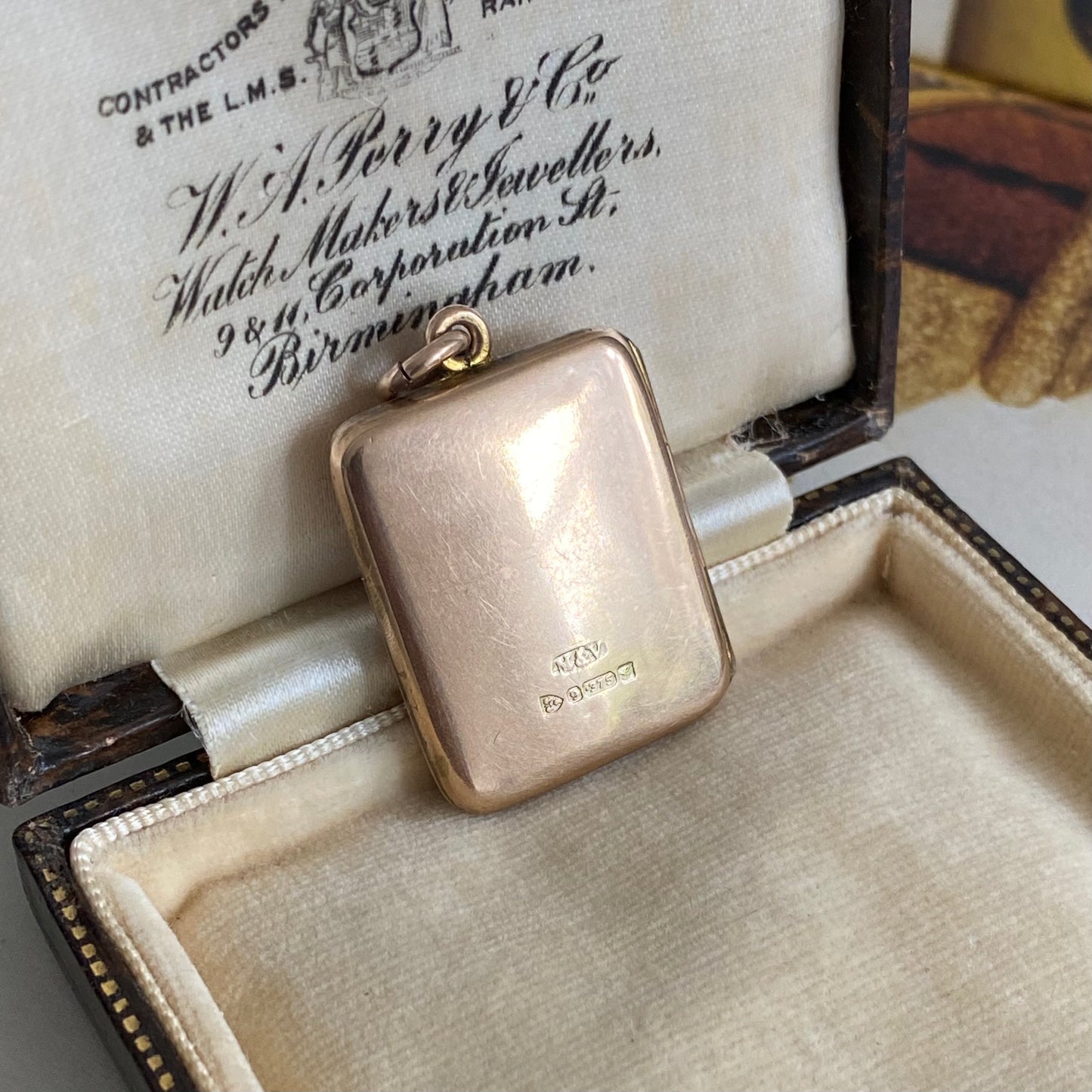 9ct Rose Gold Antique Rectangle Locket with Diamond & Rubies