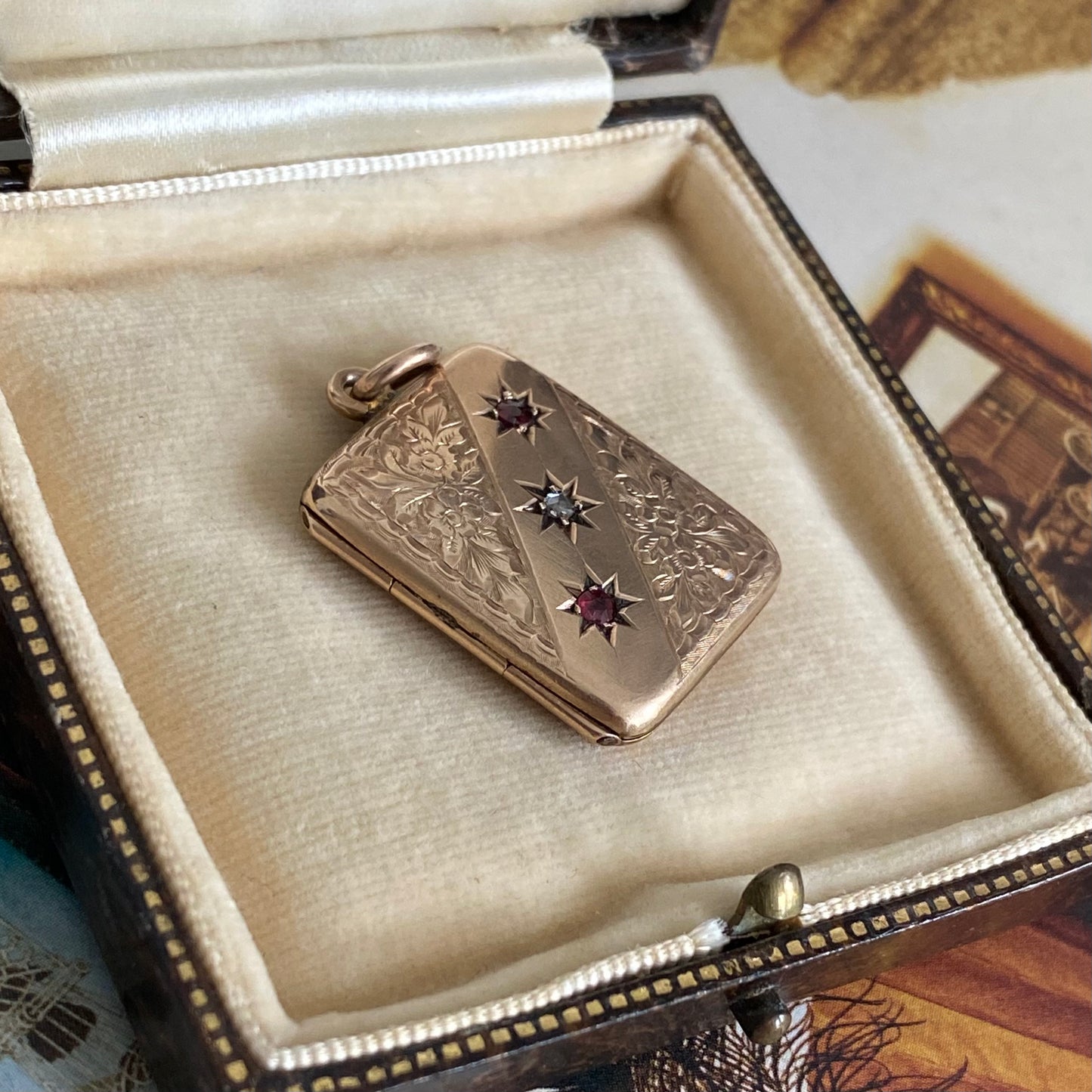 9ct Rose Gold Antique Rectangle Locket with Diamond & Rubies