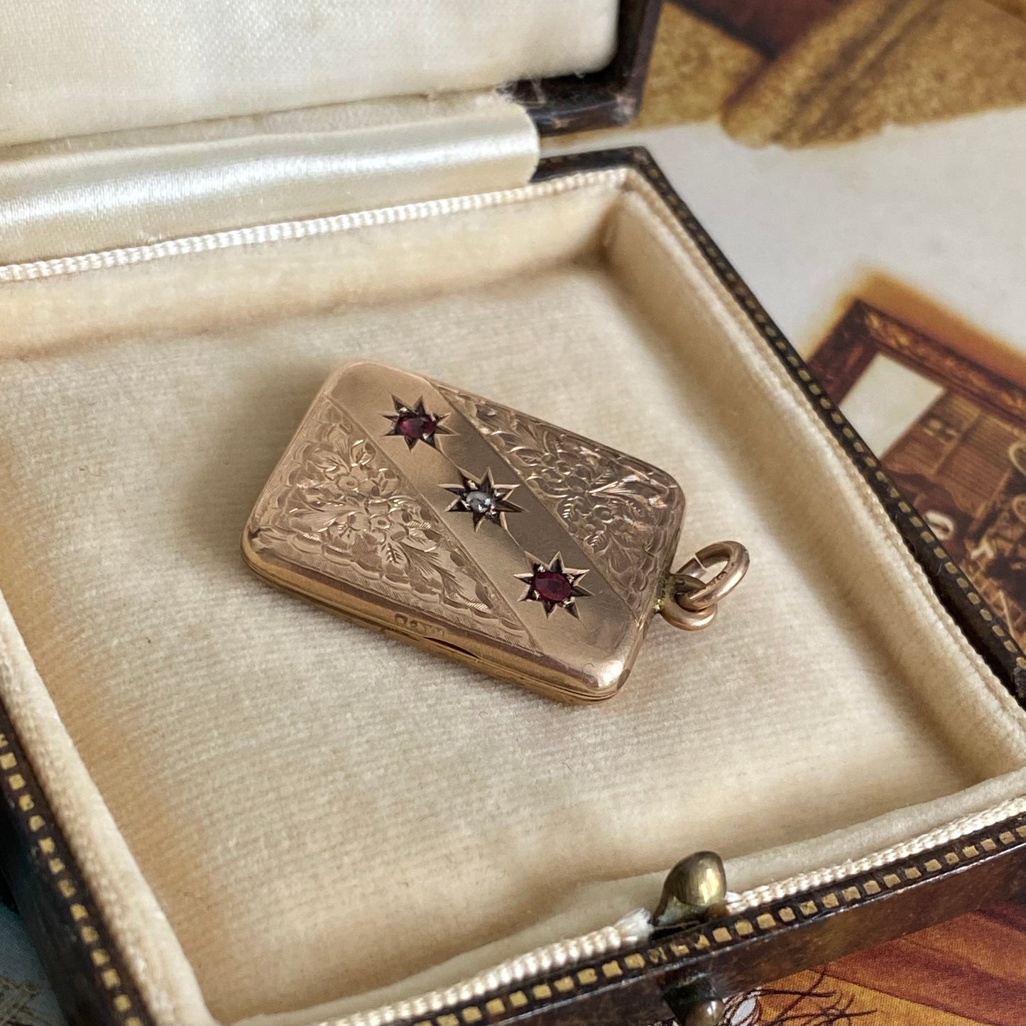 9ct Rose Gold Antique Rectangle Locket with Diamond & Rubies