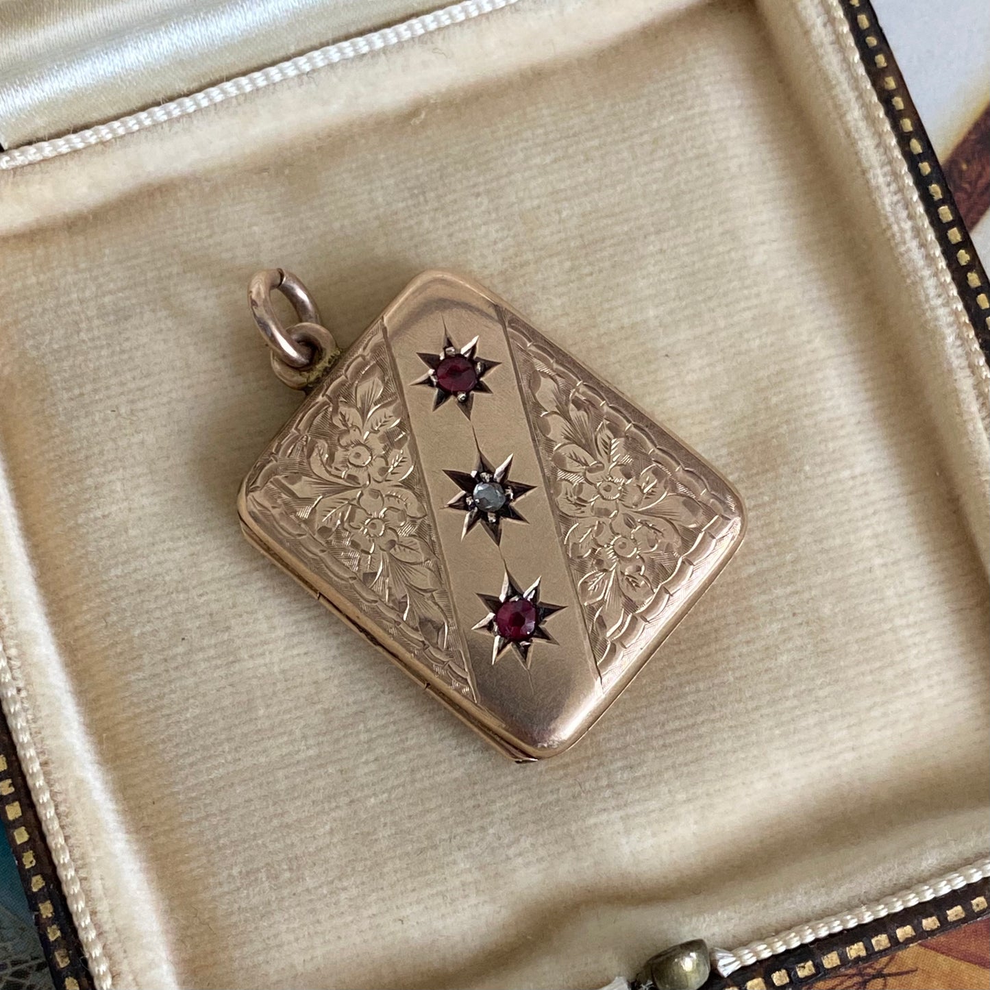 9ct Rose Gold Antique Rectangle Locket with Diamond & Rubies