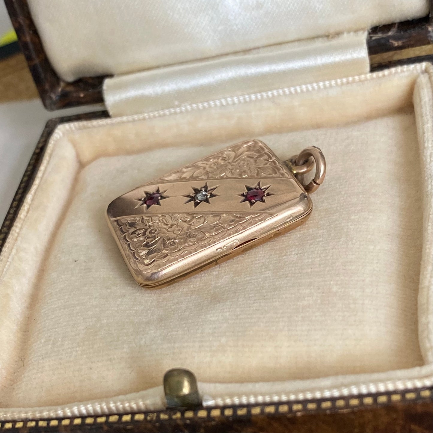 9ct Rose Gold Antique Rectangle Locket with Diamond & Rubies