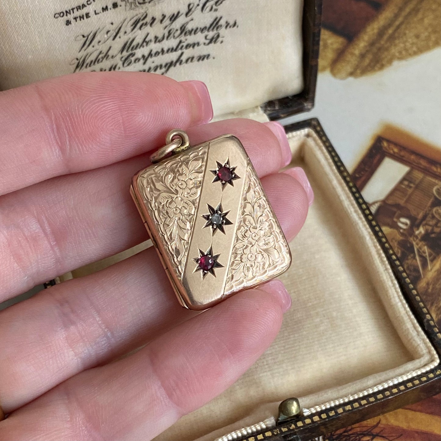 9ct Rose Gold Antique Rectangle Locket with Diamond & Rubies