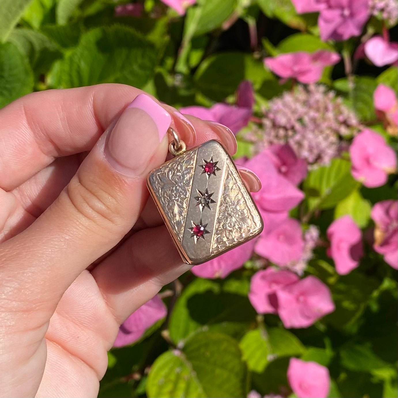 9ct Rose Gold Antique Rectangle Locket with Diamond & Rubies