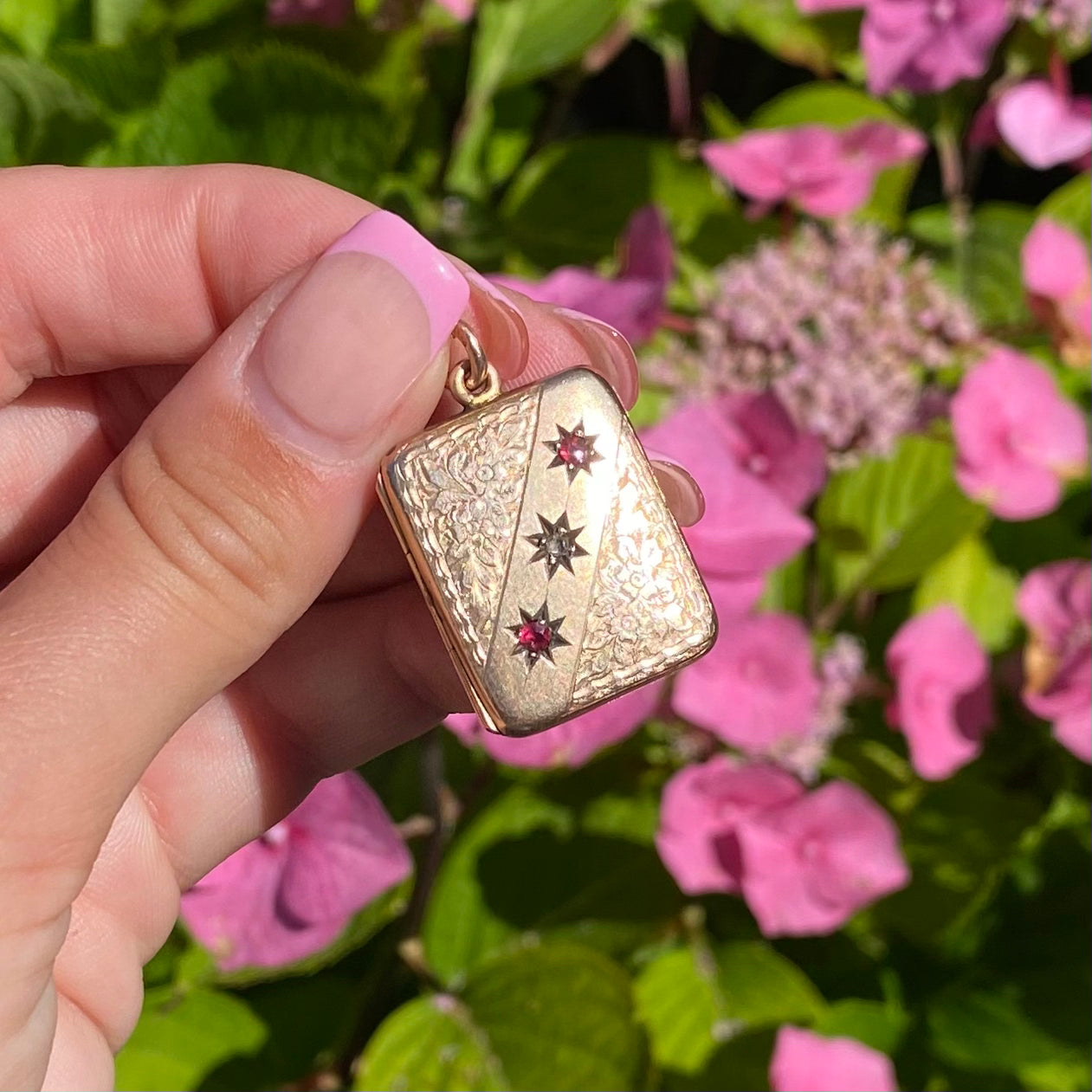 9ct Rose Gold Antique Rectangle Locket with Diamond & Rubies