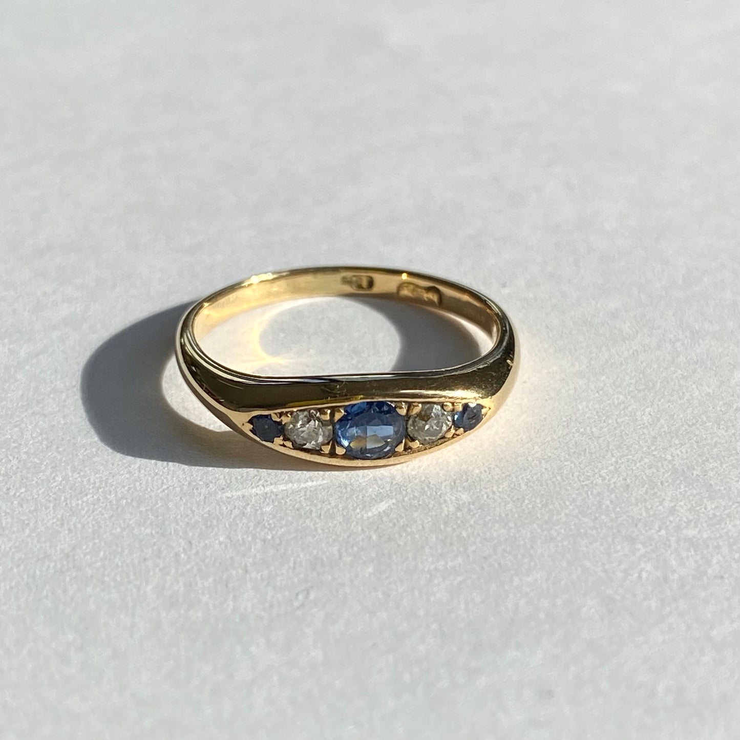 18ct Gold, Diamond and Sapphire Boat Ring  |  Size UK M.75