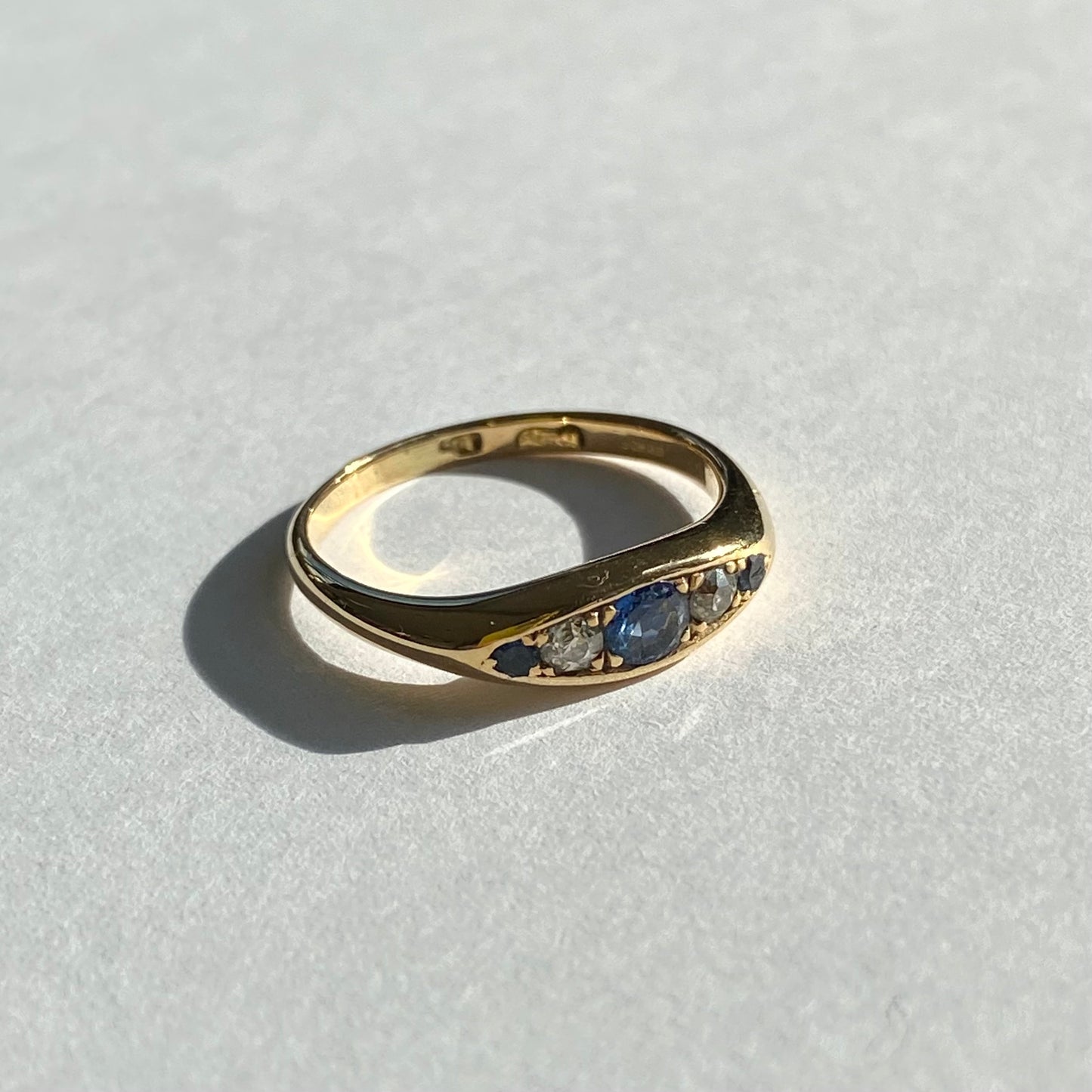 18ct Gold, Diamond and Sapphire Boat Ring  |  Size UK M.75