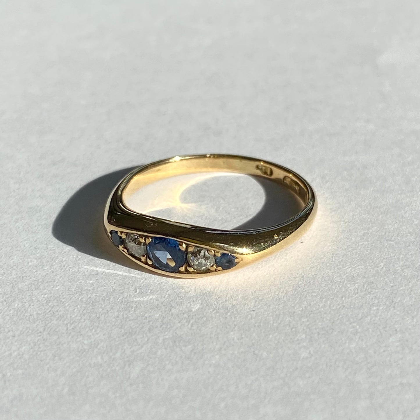 18ct Gold, Diamond and Sapphire Boat Ring  |  Size UK M.75