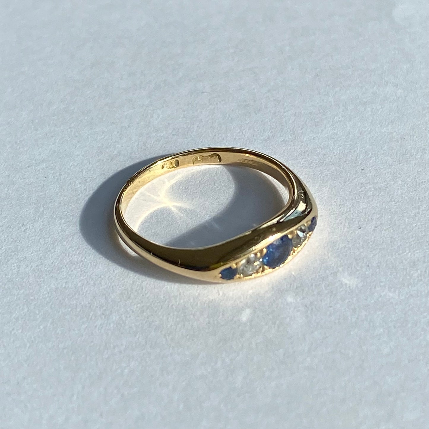 18ct Gold, Diamond and Sapphire Boat Ring  |  Size UK M.75