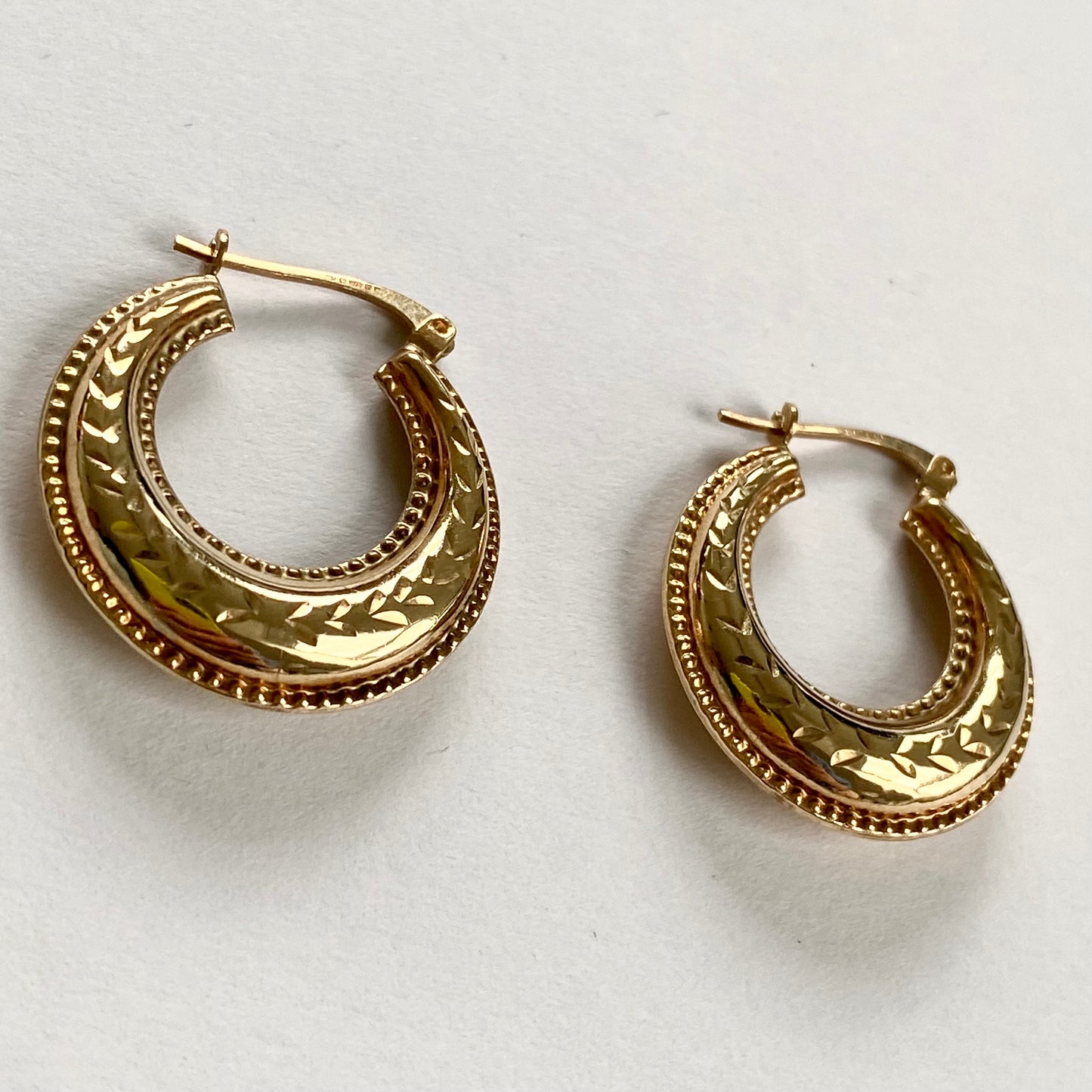 Beautiful 9ct Gold Engraved Hoop Earrings  |  24mm