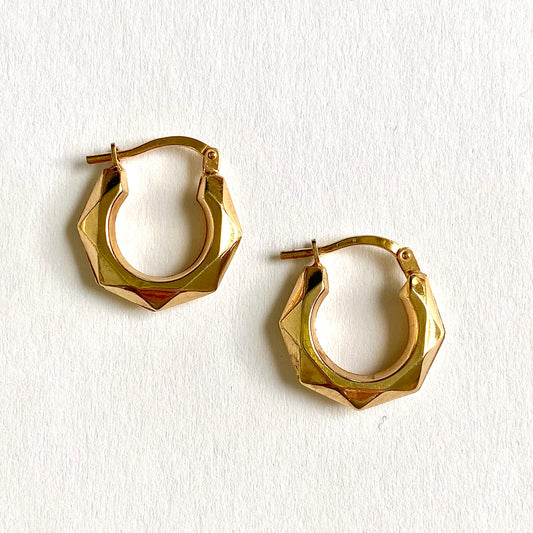 Vintage 9ct Gold Faceted Hexagon Hoops  |  17mm