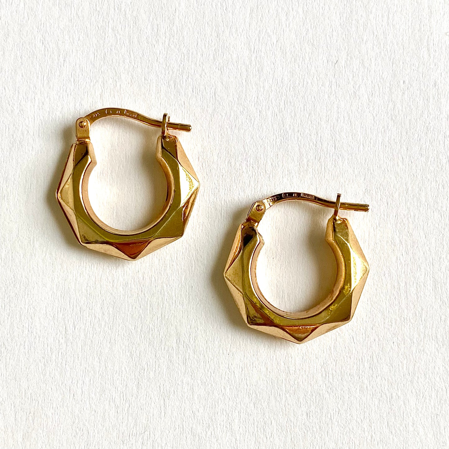 Vintage 9ct Gold Faceted Hexagon Hoops  |  17mm