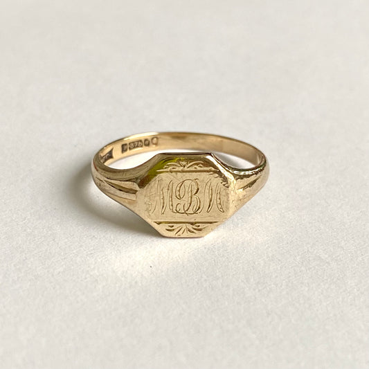 Vintage 9ct Gold Signet Ring 'MBM'  |  Size UK M.5