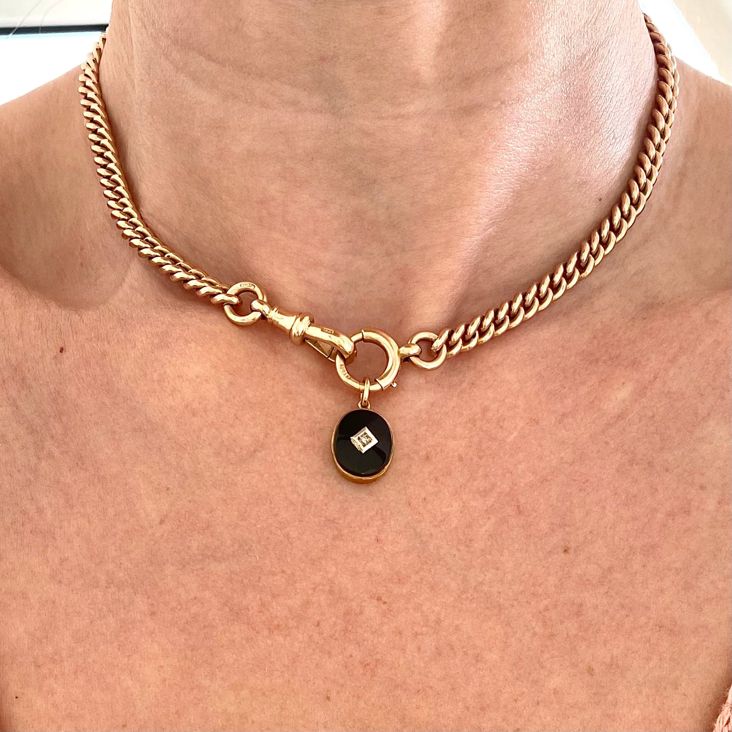 Lovely Antique 9ct Gold, Onyx & Diamond Pendant