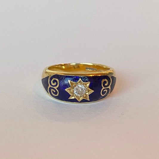 Vintage Solid 18ct Gold, Blue Enamel and Brilliant-cut Diamond Starburst Ring  |  Size UK K.5