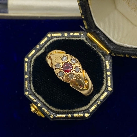 Stunning Edwardian 18ct Gold, Diamond & Ruby Ring - Size UK O